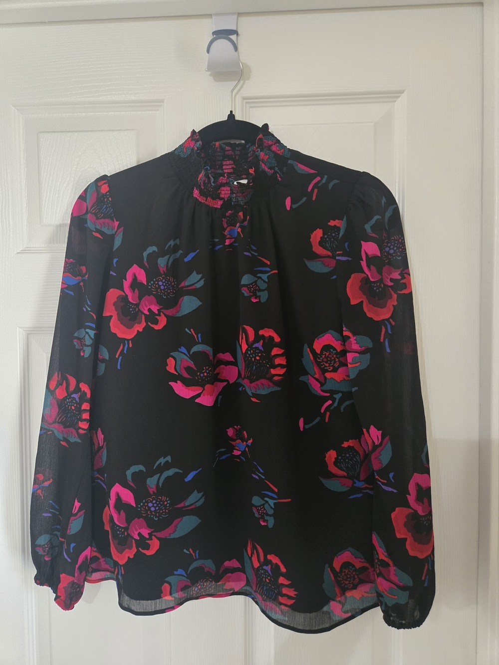 J. Crew Black Mock-Neck Floral Blouse with Pink and Teal Accents